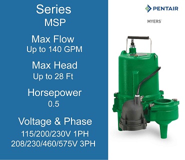  Myers Sewage Pumps, MSP Series, 0.5 Horsepower, 115/200/230 Volts 1 Phase, 200/230/460/575 Volts 3 Phase